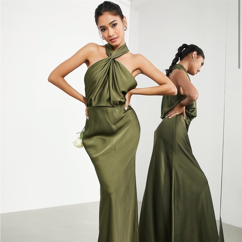 ASOS Edition satin ruched halter neck maxi dress in olive